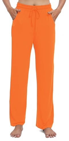 EXCHIC Damen Freizeit Elastische Gerades Bein Hose Lounge Mittel Taille Weite Yoga Hosen mit Taschen