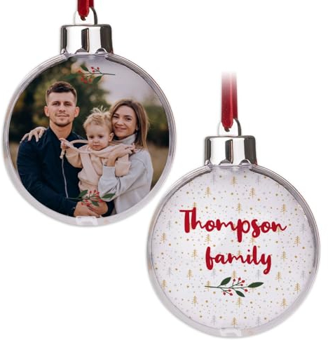 Wanapix | Bola de Navidad Personalizada con Foto y Texto | 2 Caras | Imagen Intercambiable | Bola Árbol de Navidad | Decoración Navideña | 8 cm | Rama Navidad