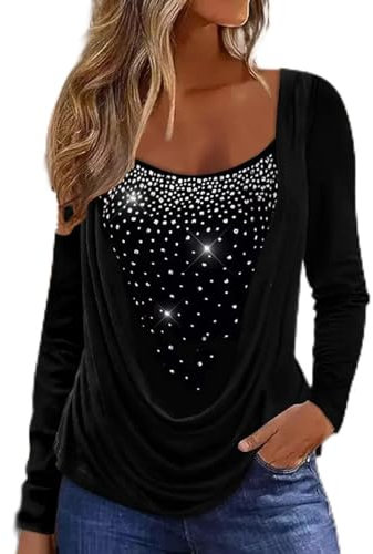 JiJiRuDU Tunika Damen Elegant Pailletten Oberteil Langarm Festliche Bluse mit Strass Lässig Plissee Rundhals Glitzer Oberteile Langarmshirt Festliche Party Glitzer Pullover Top