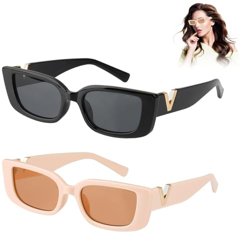 Moosono 2 Stück Sonnenbrille Damen, Vintage Rechteckige Sonnenbrille, Bequem UV-Schutz Sonnenbrillen, V Trendy Brille für Damen, Herren, Draußen, Strände, Einkaufen, Camping