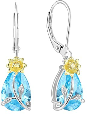 JO WISDOM Damen Hängende Ohrringe Ohrhänger Tränenblume Sonnenblume Silber 925 mit 3A Zirkonia Kristall März Geburtsstein Aquamarin Farbe,Schmuck für Frauen Frau Mutter sie