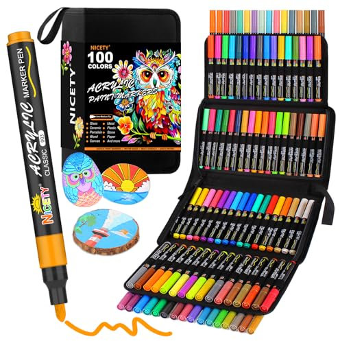 NICETY 100 Colours Acrylic Paint Pens - 3mm Medium Tip Paint Markers for Rock Painting, Stone, Glass, Wood, Porcelain, Ceramic, Fabric - Water-Based Acrylic Pens for Adults
