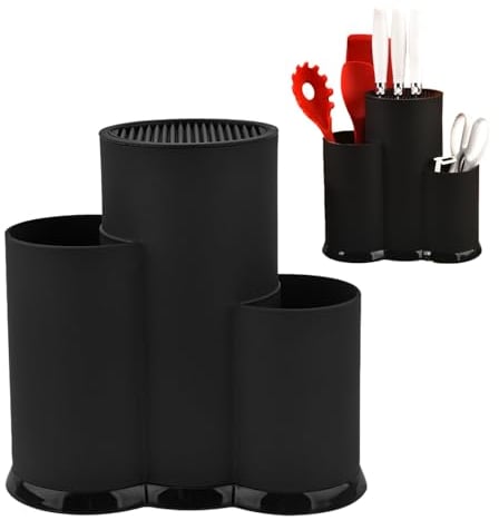 Plastic Round Knife Block - 3 in 1 Space-Saving Knife Holder for Counter Top, Black