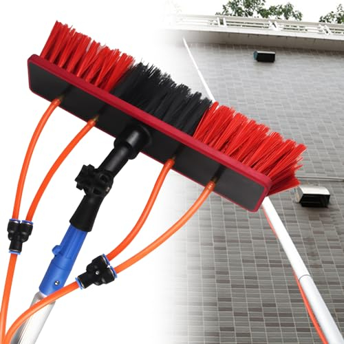 TAZZOR Teleskop Waschbürste mit 9m Stange & 35cm Bürste, 20m Wasserleitung - Fensterreiniger mit Teleskopstange - Wasserbesen mit Teleskopstiel für PV Anlage und Terrassendach Reinigung