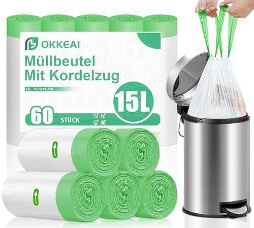 OKKEAI Müllbeutel 15l mit Zugband Weiß Müllsäcke,60 Stück Abfallbeute mit Griffen