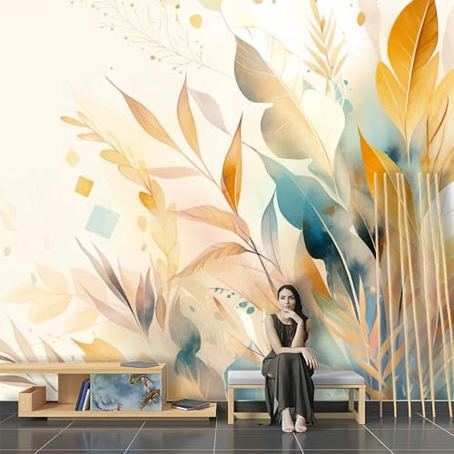 SPECUFX Papier Peint Panoramique Mural 3d Soie Coloré Aquarelle Feuilles Plantes Décoratives Chambre Salon Chambre A Enfant Coucherr Bureau Salle Cuisine Motif Texture