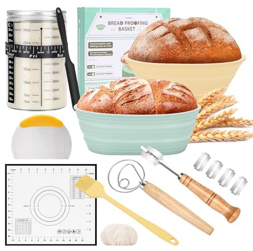 WADEO Kit de Démarrage au Levain, Panier de Fermentation pour Pain Kit avec 2 Paniers de Fermentation (23 cm Rond et 25 cm Ovale) et Verre de Démarrage pour Levain (1000 ML)