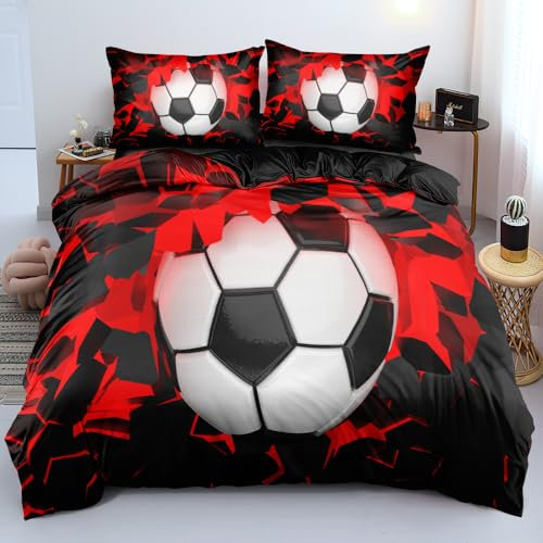 DXHOME Bettwäsche Rot 135x200 cm Fußball Kinderbettwäsche 3D Gedruckt Bettwäsche Set Weich Mikrofaser Kuschelig für Sommer und Winter Bettbezug mit Reißverschluss und Kissenbezug 80x80cm