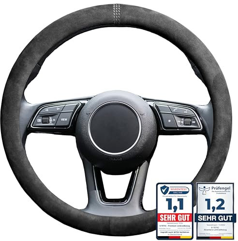 S-TETIC® Premium Lenkradbezug aus Alcantara | Racing Black Edition | Universalgröße 36-38 cm | Lenkradcover | für Sommer und Winter