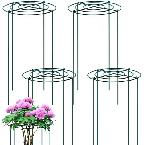 JKKLCC 4PCS Round plant supports,30x60cm peony support frame with Crossed concentric frame,green metal supports for garden with removable 4 legs,Supports Heavy Flowers Dahlia,Peony,rose,hydrangeas