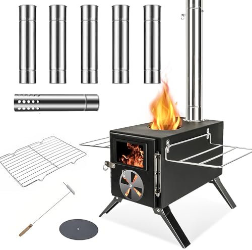 WomeYork - Estufa de camping al aire última intervensión, estufa de leña portátil con 6 tubos de chimenea + 1 tubo de chimenea a prueba de chispas para tienda, camping, pesca en hielo, cocina,