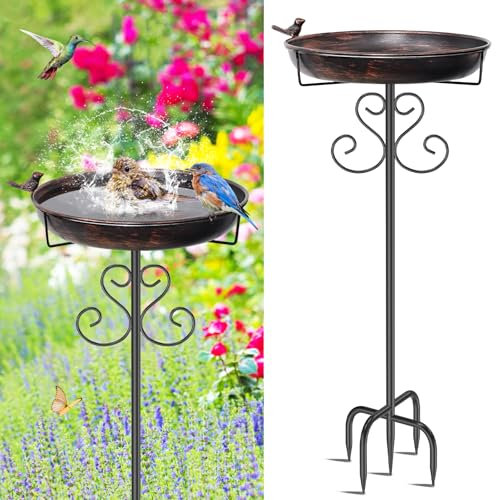 ODSNANIE Metall Vogeltränke Stehend, 103cm Vintage Stehend Vogelbecken Schüssel mit Vogel Statue, Wildvogeltränken Wassertränke Winterfest Futter für Draußen Garten (Antike Bronze)