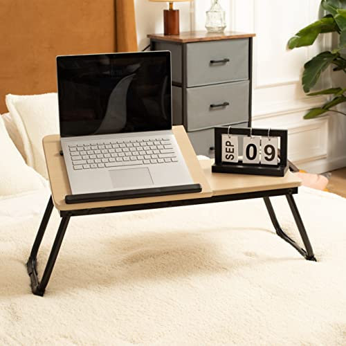MEUBLE COSY Table de lit Tablette pour Prdinateur Portable Plateau Réglable Petit Bureau Nomade Support PC, Chêne + Noir, 65x30x27.5cm