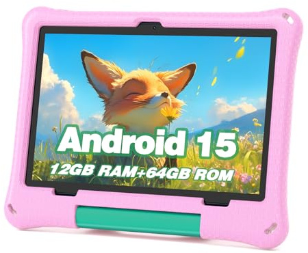 Kids Tablet, 10.1 Inch Android 15 Tablet for Kids, 12GB+64GB, Octa-Core, 6000mAh Battery, WiFi 6, Pre-Installed Kids Apps, Parental Control, with EVA Protective Case – Ideal Gift for Toddler (Pink)