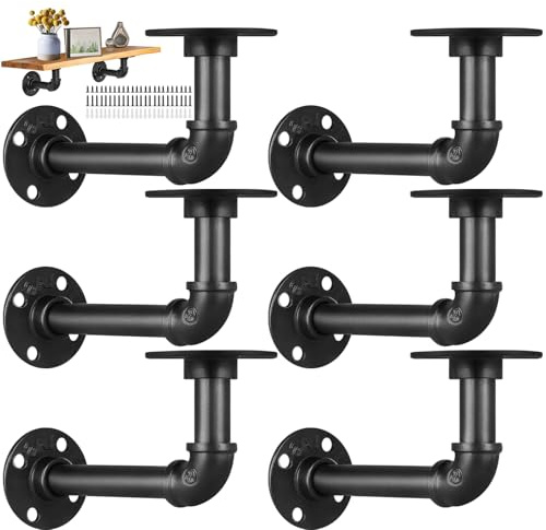 6 Stück Schwarze Industrielle Rohrregalhalterungen mit Schrauben, Robuste Rustikales Wandmontierte Regalhalter, Stabile Dekorative Metallrohrstützen für DIY Schwimmregale, Wohn & Barbereich Deko