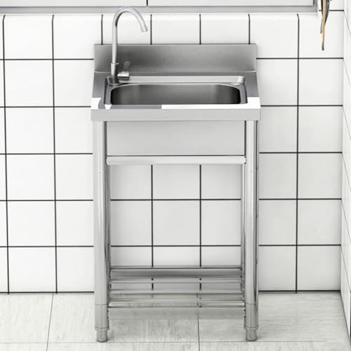 SQYHYTS Lavello Autoportante in Acciaio Inox 1 Vasca Spessore 1,0mm Lavandino Commerciale con Rubinetto Singolo Freddo Girevole A 360° da Esterno Free-Standing per Giardino, Garage,55 * 50 * 80cm