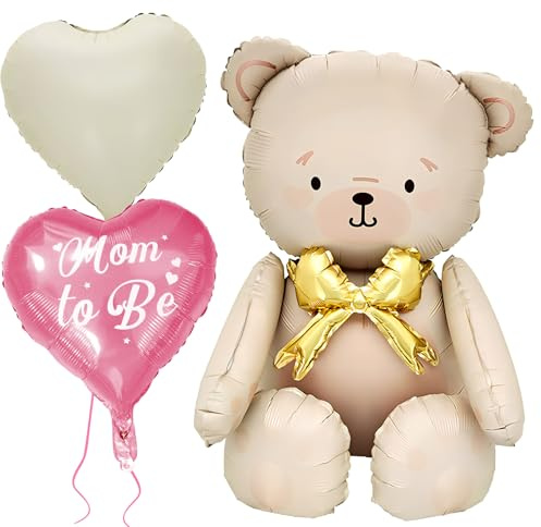 XXL Folienballon Teddybär, Luftballon Bär für Babyparty, Süßer Folienballon Baby Bär, 2 bedruckte Mom to Be Herz-Luftballons - Rosa, für Bären-Themen-Party, Geburtstag, Fotozubehör