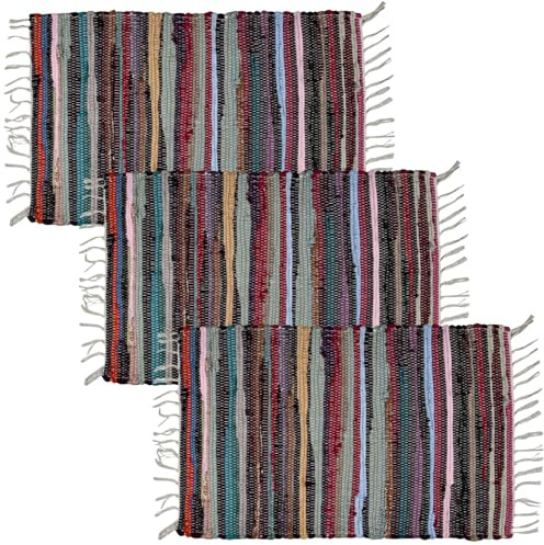 MARRAKESCH 3er Set Teppich Läufer handgewebt Cotton Rug klein 50x90 cm | Boho Streifen Teppiche aus Baumwolle mit Fransen | Bunter Fußmatte Vorleger | Wohnzimmer, Küche, Flur