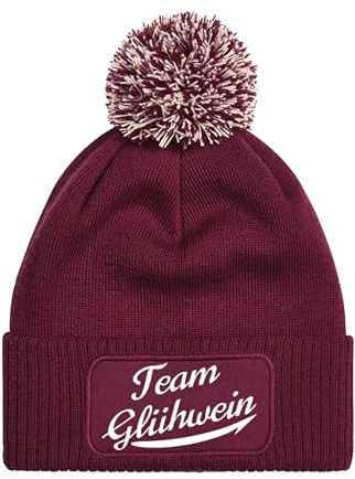 NIMAMA Mütze Beanie Team Glühwein Strick Bommel Wintermütze Statement Lustiger Spruch Unisex Strickmütze für Herren & Damen