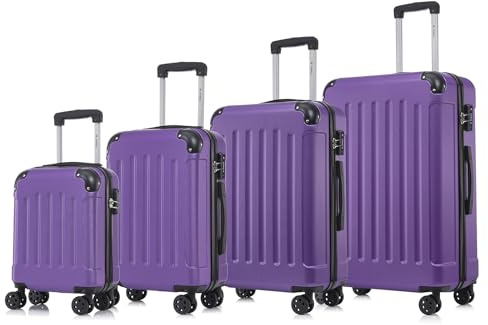 YONSLY Premium Reisekoffer, TSA-Schloss YKK-Reißverschluss Hartschalen-Koffer Trolley Kabinenkoffer Rollkoffer Suitcase Handgepäck 4 Rollen (Lila, S-M-L-XL-Set)