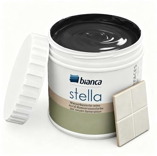 Bianca Stella Fliesenfarbe Ohne Schleifen - Wasserbasierter Parfümierter Fliesenlack für Badezimmer, Küche, Bodenfliesen, Wandfliesen - Schwarz, Glänzend, Kratzfest, Hochdeckend, 500ml