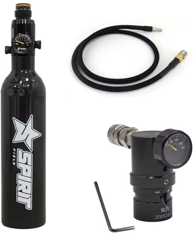 Genérico Pack HPA para Airsoft de Botella de 0,2 litros, línea Flexible con Conectores USA Americanos y regulador de presión 0-300 PSI, Negro