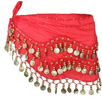Red Belly Dance Wrap Hip Scarf Belt With Gold Coins