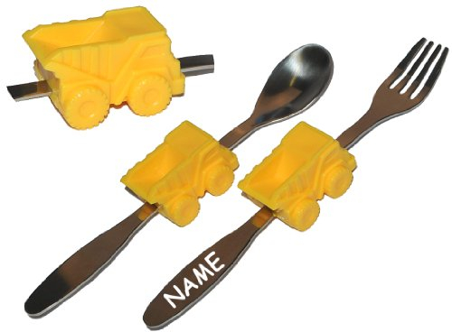 alles-meine.de GmbH 2 TLG. Besteckset aus Edelstahl - incl. Namen - Gabel Löffel - mit Kipper/Auto - Besteck Kinderbesteck - Autos für Jungen Kinder