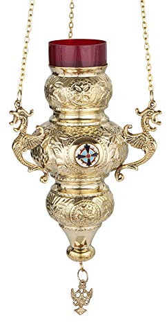 Iconsgr Orthodoxe griechisch-christliche Bronze-Votivkerze mit Kette und rotem Glas – 189B/21