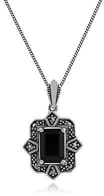 Gemondo Markasit-Halskette, Sterlingsilber, Art-Deco, schwarzer Spinell und Markasit, 45 cm lange Kette, Einheitsgröße, Sterling Silber, Markasit Spinell