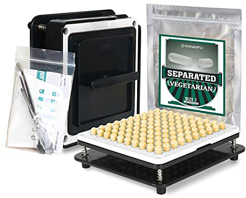 WANANFU Machine de remplissage de capsules de taille 1 avec bundle 200 gélules vides végétales séparées taille 1, Instructions détaillées, cuillère et tournevis