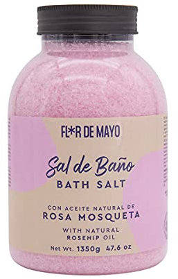 Flor de Mayo - Sal de Baño Mineral Aromática - Con Aceites Naturales de Rosa Mosqueta - Sal Relajante Ideal para Spa, Belleza, Pedicura, Jacuzzi, Bañera - Bote 1350 g