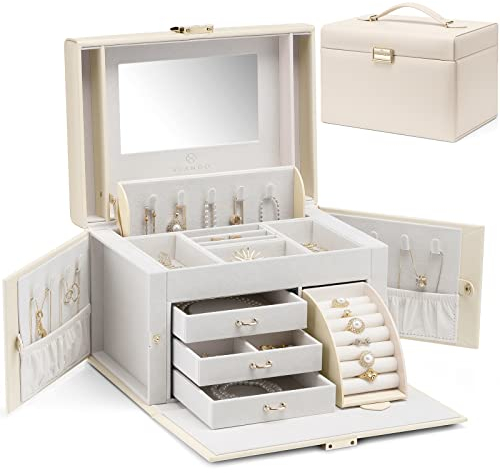 Vlando Grande boîte à bijoux baroque avec miroir, tiroirs pour bracelets, boucles d'oreilles, bagues, colliers, cadeau de fête des mères pour un être cher, blanc abricot