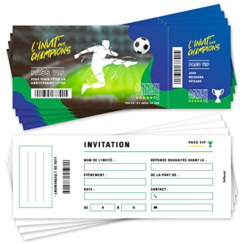 SoKawaï - 12 invitations anniversaire en Français | Thème Football | Format Ticket | Adresse détachable