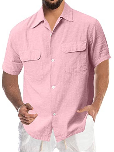 Camicia estiva da uomo a maniche corte, per il tempo libero, in cotone e lino, tinta unita, da ufficio, da spiaggia, ad asciugatura rapida, Colore: rosa., XXXL