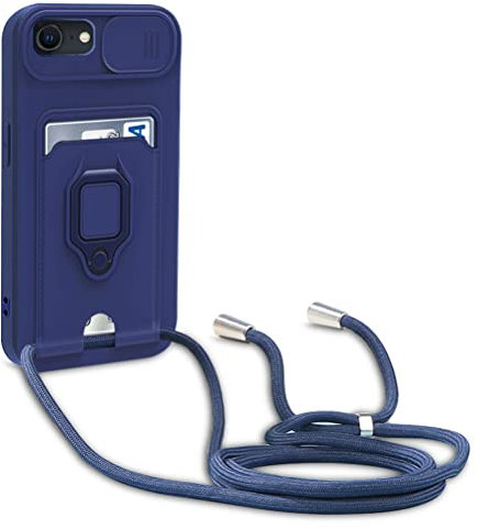 Dllatui Coque Compatible avec iPhone 8/7/6/6s/SE 2020,Réglable Lanyard Case,avec Curseur de caméra Protection, avec Carte Fentes,Anneau Support,Silicone Collier Case (Bleu)