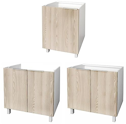 Berlioz Créations Meuble Bas de Cuisine - Ensemble avec Porte, Sous-Évier et 2 Portes en Frêne - 60x52x83cm, 80x52x83cm