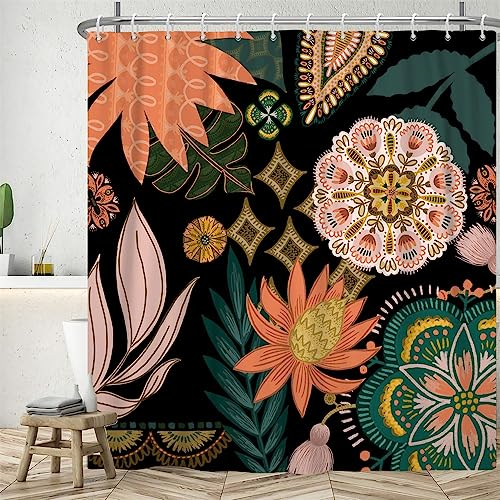 Uiiooazy Duschvorhang 200x180cm, Duschvorhang Boho Style Tropisch Blumen Grüne Blätter Duschvorhänge Anti Schimmel Stoff Waschbar Wasserdicht Polyester Bad Vorhang mit 12 Haken für Badezimmer
