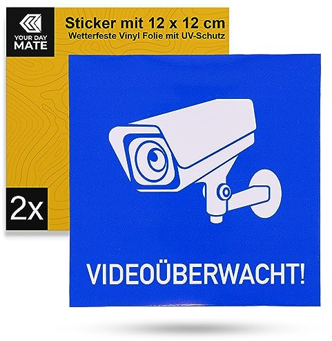 Aufkleber Set Videoüberwacht!, 2 Stück, 12 x 12 cm, selbstklebende Folie, Sticker zum Kleben für Innen- und Außenbereich, Video Kameraüberwachung Hinweis, Warnhinweis Überwachung Videokamera Kit