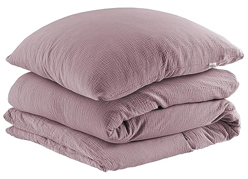 Pure Label Musselin Bettwäsche 135x200 cm mit einem Kissenbezug 80x80 cm aus 100% Baumwolle - Traumhaft weiche, kuschelige Bettwäsche-Sets in Mauve aus Musselin