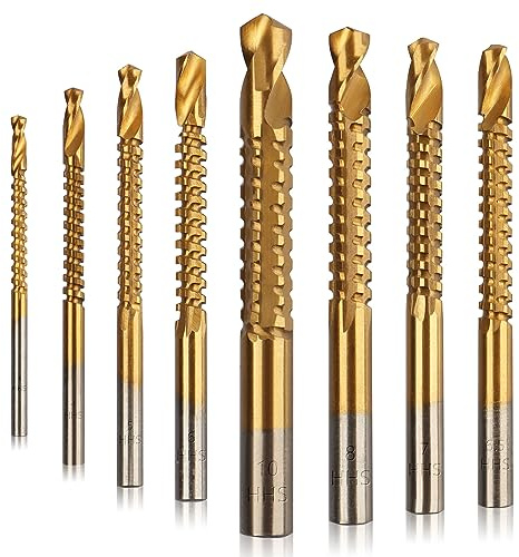 Rocaris 8 Pack Titanium Coated HSS Twist Drill Bits, 3-10mm Serrated Side Cutting Drill Bit Woodworking Tools for Plastic Metal Wood Hole