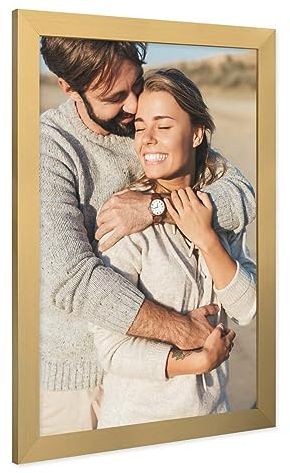 PHOTOLINI Bilderrahmen A3 Holz MDF Gold, A3 Bilderrahmen 30x42 breit, Rahmen DINA3 mit Acrylglas, Picture Frame 42 x 30 zum Aufhängen, Frame DIN A 3 42x30 mit Zubehör für Deine Wandideen