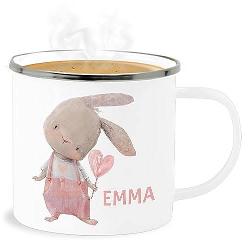 Emaille Becher Blechbecher - Süßer Hase Mädchen mit Name personalisiert I Häschen I Rabbit I Langohr I Süße Hasen - 300 ml - Weiß Silber - hasenbecher hasenmotiv emma tassen hasentasse ostern