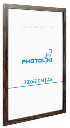 PHOTOLINI Bilderrahmen A3 Holz MDF Eiche Dunkel, A3 Bilderrahmen 30x42, DIN A 3 Rahmen mit Acrylglas, Picture Frame 42x30 zum Aufhängen, Rahmen 42 x 30 mit Zubehör für DINA3 Fotos & Poster