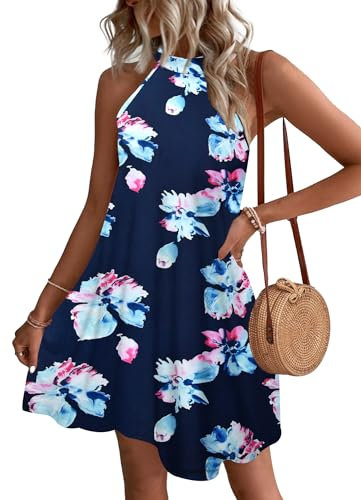 WNEEDU Abito Donna Estivo Vestito Spiaggia Senza Maniche Abito Cort Casual Collo Sospeso Copricostume con Tasche Fiore Rosa Marino S
