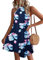 WNEEDU Robe d'éte Femmes Robes Plage Court Robe Col Licou sans Manches Décontracté avec Poches Fleur Rose Marine S