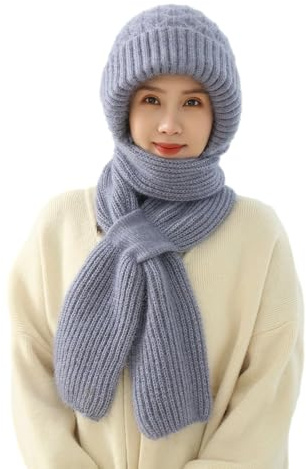 TONGFENG Bonnet Coupe-Vent avec Protection auditive intégrée | Chapeau Écharpe 2 en 1 pour Femmes | Bonnet tricoté épais, Bleu, Accessoires d'hiver pour Femmes