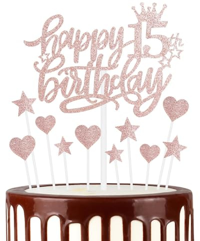 Roségold Alles Gute zum 15th Geburtstag Kuchenaufsatz, Roségold 15th Kuchen Cupcake Aufsatz für Kuchen, Glitzer Roségold 15 Jahre alt Kuchen Dekoration, 15th Geburtstagsgeschenke für Mädchen und Damen