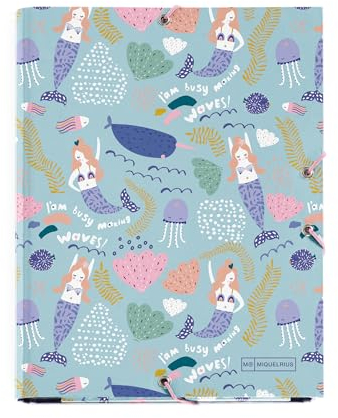Miquelrius - Ordner mit Klappen A5, 185 x 245 x 20 mm, fester Karton, Gummiverschluss, Kollektion Mermaid