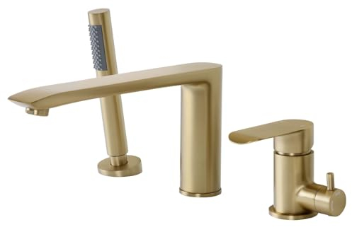 PHASAT 3 Loch Armatur für Badewanne, Wannenrandarmatur mit Ausziehbarem Handbrause gebürstetes Gold, Wannenrandarmatur Wannenkombination